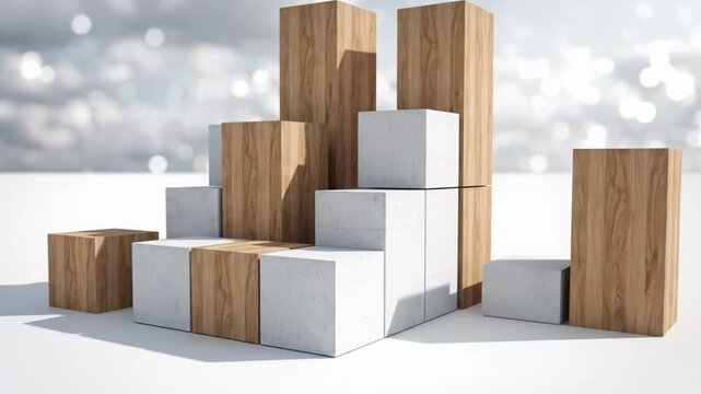 Architectural Oak Concrete Blocks Rising From Flat Plane