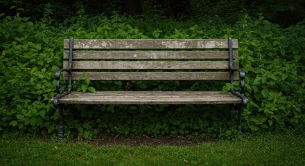 A weathered wooden park bench surrounded by lush green foliage, offering a peaceful spot for contemplation amidst the wild growth ,wood ,spring ,garden