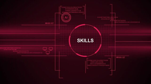 A high-tech digital display featuring the word Skills at the center of a red futuristic HUD interface, surrounded by data strings and artificial intelligence icons.