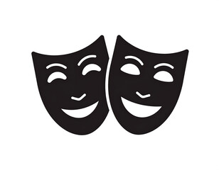 Two stylized theatre masks, one smiling, one laughing, in stark black on a white background
