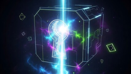 Glowing neon cube with keyhole technology.