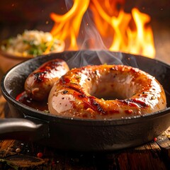 Sausage in hot skillet with flames