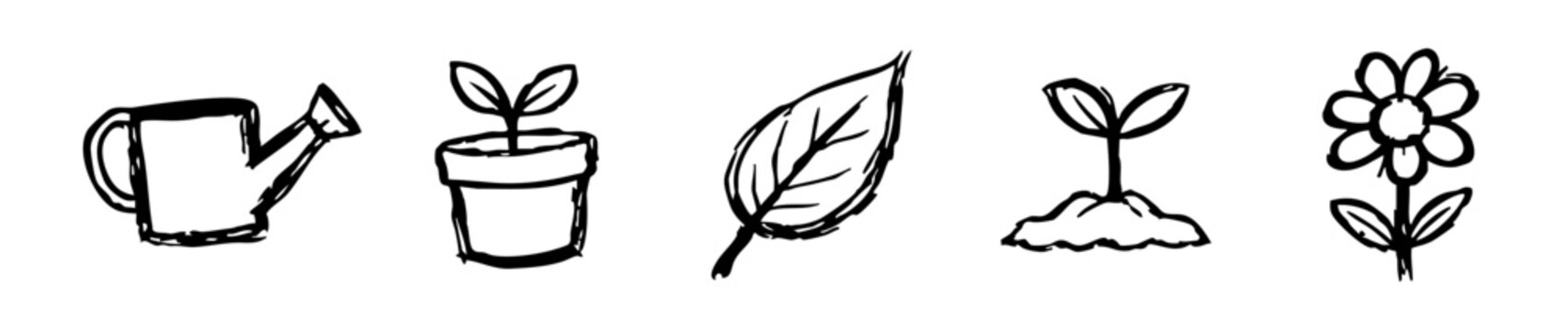Hand-drawn garden icon set featuring a watering can, potted seedling, leaf, sprout, and flower in a simple black and white doodle style.