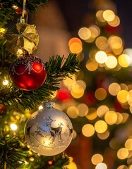 Ornaments hanging from a Christmas tree with bokeh lights