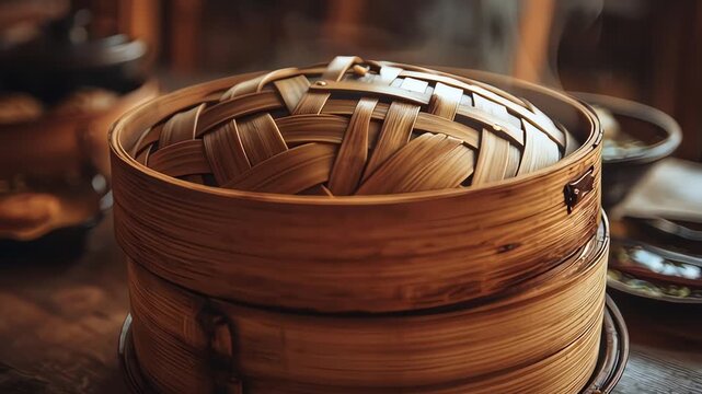 Steamed dumplings in bamboo steamer basket.