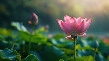Obraz premium Close Up Of A Beautiful Pink Lotus Flower Blooming In The Pond With Green Leaves Nature Floral Background Design