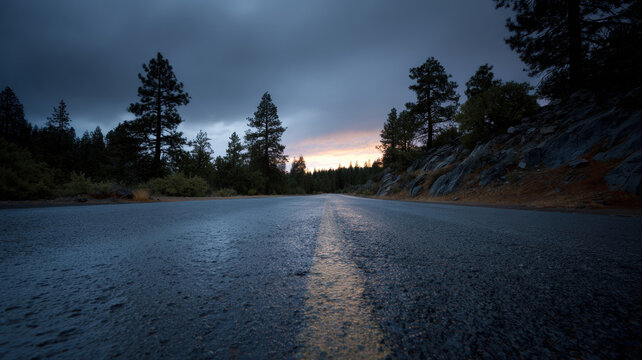 Atmospheric low angle shot of wet asphalt road leading through dark pine forest dusk with moody blue clouds evoking lonely and tranquil feelings of peaceful travel journey into wilderness nature