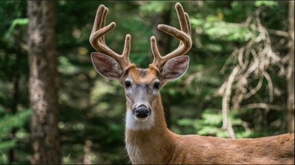 Fototapeta premium A majestic deer with large antlers gazes directly at the viewer amidst a lush forest setting.