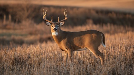 A majestic white-tailed deer stands poised in a golden field at sunrise, showcasing its impressive antlers.