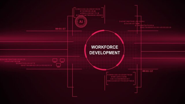 A futuristic digital animation featuring Workforce Development text within a high-tech HUD interface, displaying data, AI icons, and network connection elements in a red tech style.