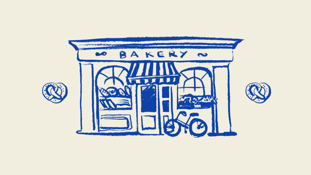 Hand drawn bakery facade. European local shop vintage sketch. Menu and packaging design. Vintage cozy bakery branding. Crayon doodle vector illustration.