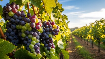 Naklejka premium Grape vineyard with lush green leaves.