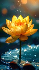Golden water lily with water droplets on its petals and lily pad in a bokeh background