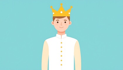 Smiling man in white top wearing a gold crown against a light blue background