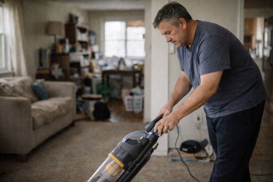 Middle-aged father vacuuming during daily routine. 