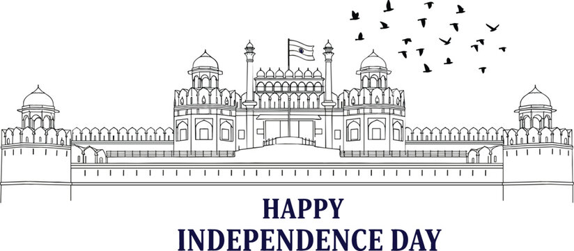 Line drawing of Red Fort Delhi for India Independence Day celebration with national flag and birds of freedom