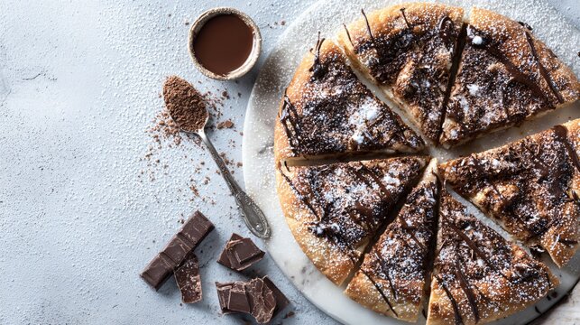 Chocolate pizza dusted with cocoa powder and icing sugar, served on light marble surface, overhead composition with negative space
