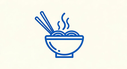 Blue Outline Icon of a Steaming Bowl of Ramen with Chopsticks