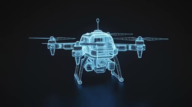 Drone 3D Model Rotating on Dark Background.