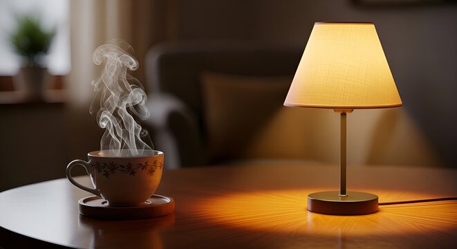 Warm cup of steaming coffee next to a glowing lamp on a wooden table