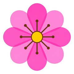 Pink flower with yellow center, brown stamen on white background. Simple, elegant design