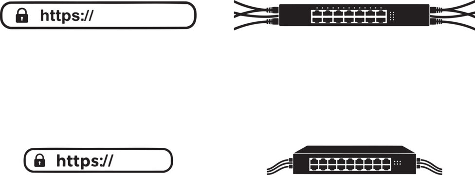 Secure https internet connection lock icon and network switch device with cables representing online safety data security