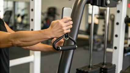 Person exercising on a cable machine, gripping a handle for strength training in a gym setting.