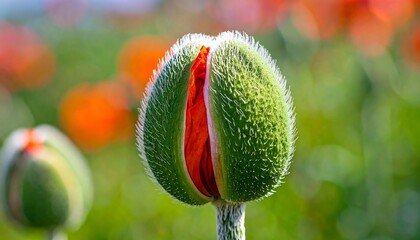 Budding poppy, fuzzy green shell parting, revealing scarlet petals, softly blurred backdrop