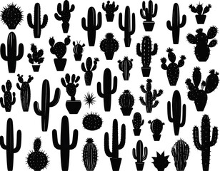 Many cacti silhouettes in various shapes and sizes, arranged on white