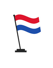 Waving red, white, and blue flag on a black pole with stand against a white background