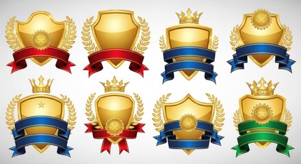 A set of eight golden shields with red and blue ribbons, each adorned with a crown and a laurel wreath, against a white background.