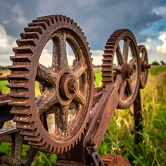 Rusty farm machinery gears sit exposed in a field with cloudy sky
