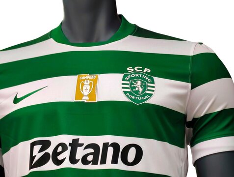 Photo of the Sporting Clube de Portugal home jersey, it features the club&rsquo;s iconic green and white horizontal hoops, a tradition that dates back to the early 20th century.