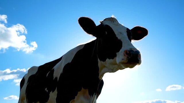 A black and white cow against a bright blue sky with wispy clouds, sun backlighting