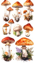 Watercolor illustration of various mushrooms, some spotted red, on white background