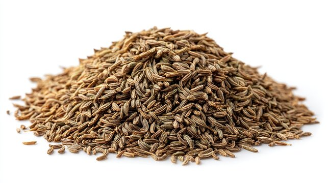 A large pile of cumin seeds on a white background for culinary or spice-related uses