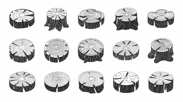 Black and white tree stump wood cross section rings set with realistic texture and bark for forestry industry logos
