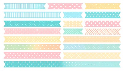 Pastel ribbons in varied patterns. Polka dots, stripes, and simple textures. Cute and colorful, on white backdrop