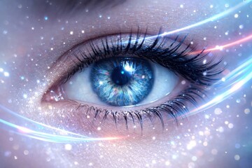 Fototapeta premium Eye of the Universe, Iridescent Reflections with Cosmic Glows, Captivating Blue Gaze Illuminated by Starlit Sparkles, Vibrant Digital Aesthetics in a Futuristic Universe