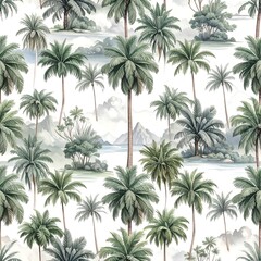 Dense watercolor palm tree pattern on white backdrop, distant mountains, soft tones, tropical landscape