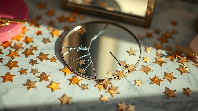 exemplification. Broken makeup mirror with scattered gold star stickers and lipstick marks on marble surface. lifestyle magazines.