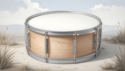 Snare drum on sand. Tall grass around. Cloudy sky backdrop. Faded colors