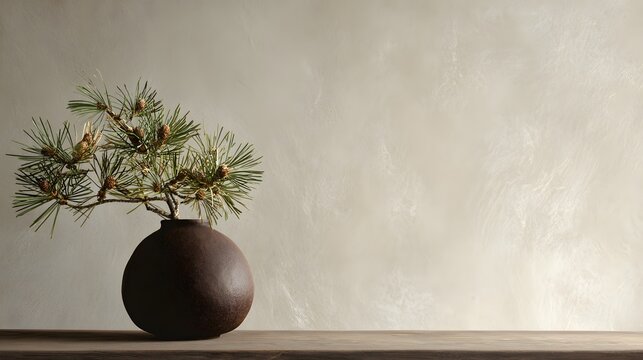 和モダンの松と丸い花器 新春の静物背景