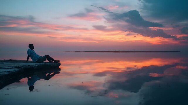 Man Relaxing by Calm Lake at Sunset with Mirror Reflection Peaceful Mindfulness and Freedom Concept