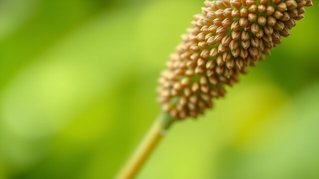 plantago. Extreme close-up of a plantago plant's spike covered in tiny brown seeds. gardening catalogs, home-decor guides, designed for gardening and botanical catalogs, used by art directors.