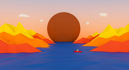 Fototapeta premium Serene lake scene with mountains and a boat at sunset