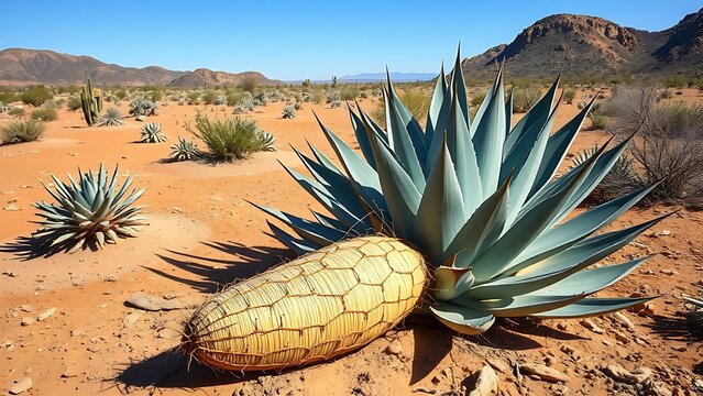 amalgam. A mature blue agave plant lies harvested on the arid desert ground under harsh sunlight. gardening catalogs, home-decor guides, designed for gardening and botanical catalogs.