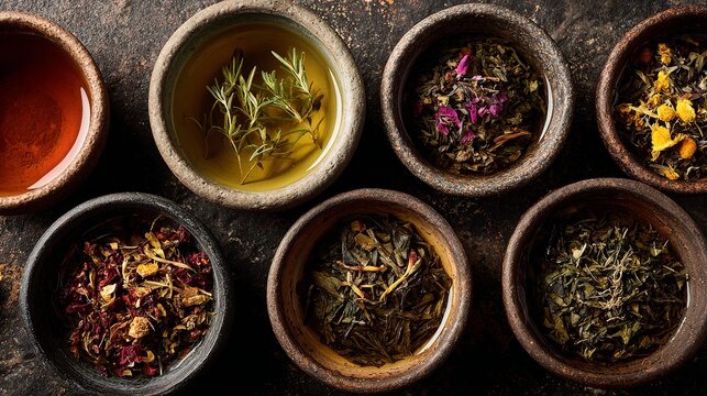 A collection of small bowls filled with various types of tea and herbs on a dark surface