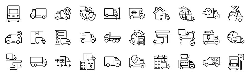 Set of 30 outline icons related to truck. Linear icon collection. Editable stroke. Vector illustration