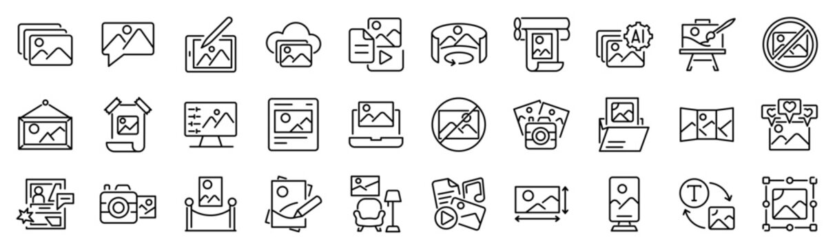 Set of 30 outline icons related to picture, image. Linear icon collection. Editable stroke. Vector illustration